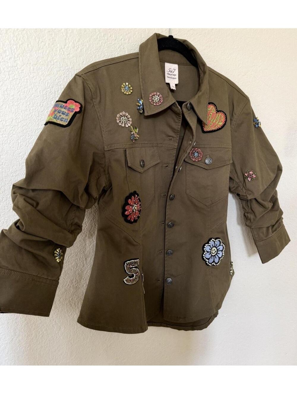 New Cinq à Sept RETRO LOVE PATCHES SCRUNCHED CANYON JACKET In Olive Sz L $595 - Picture 8 of 14